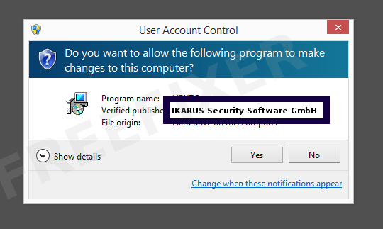 Screenshot where IKARUS Security Software GmbH appears as the verified publisher in the UAC dialog